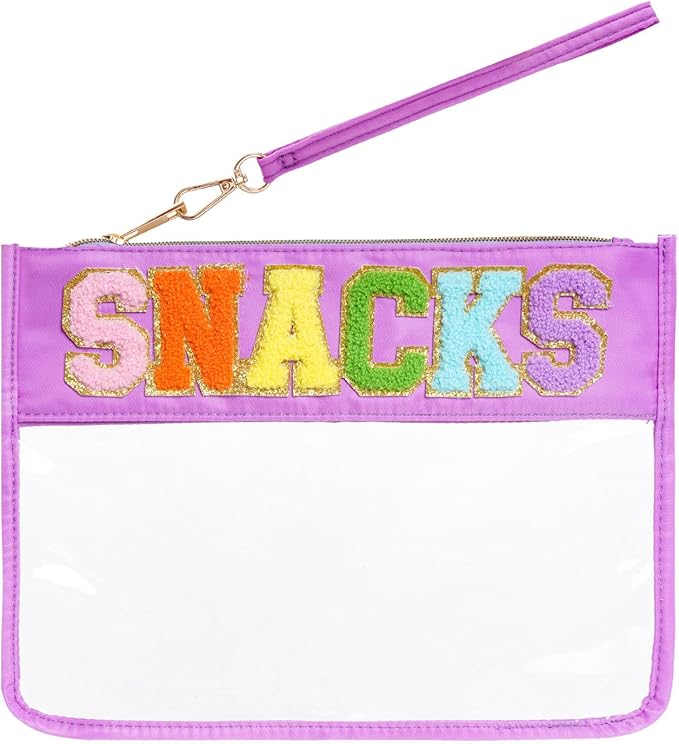 Chenille Letter Bag, Multi-purpose Nylon Clear Makeup Cosmetic Bags Flat Pouches with Zipper for Travel, Gym, Beach (Purple-Snacks)