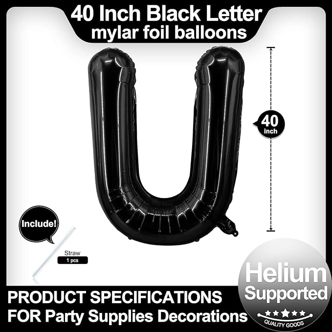 40 Inch Black Letter U Balloons, DIY Phrase Foil Alphabet Letter U Balloons DIY Word U Banner for Birthday Anniversary Celebration Graduation Party Supplies Decoration