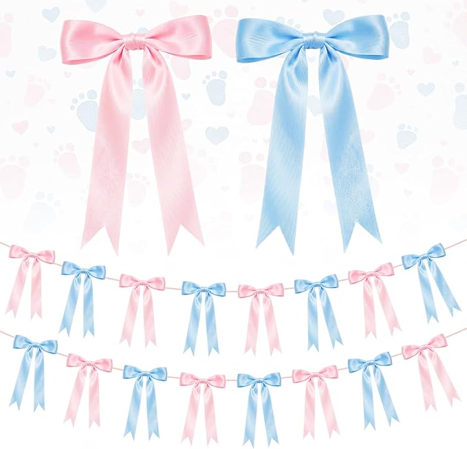 2 Strings Baby Pink & Blue Bow Garland Banner Decorations, 16Pcs Pre-Strung Satin Ribbon with 6.7ft Chain for Pink Blue Ribbon Bow Banner Coquette Room Birthday Baby Shower Gender Reveal Party Decor