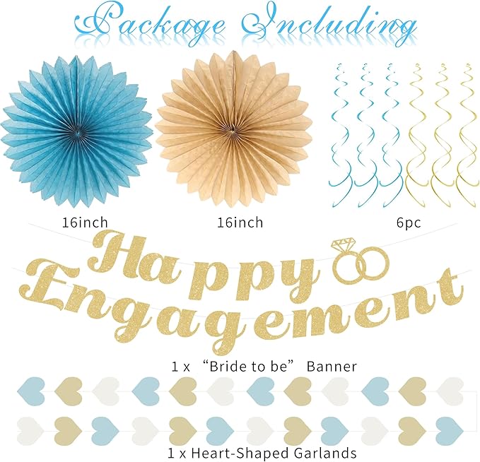 Holkcog Happy Engagement Party Decorations Kit, Glitter Engagement Party Banner for Congratulations, Blue Gold Engaged Wedding Shower Paper Fan, Paper Flower Ball, Heart Banner, Hanging Swirls, Supply