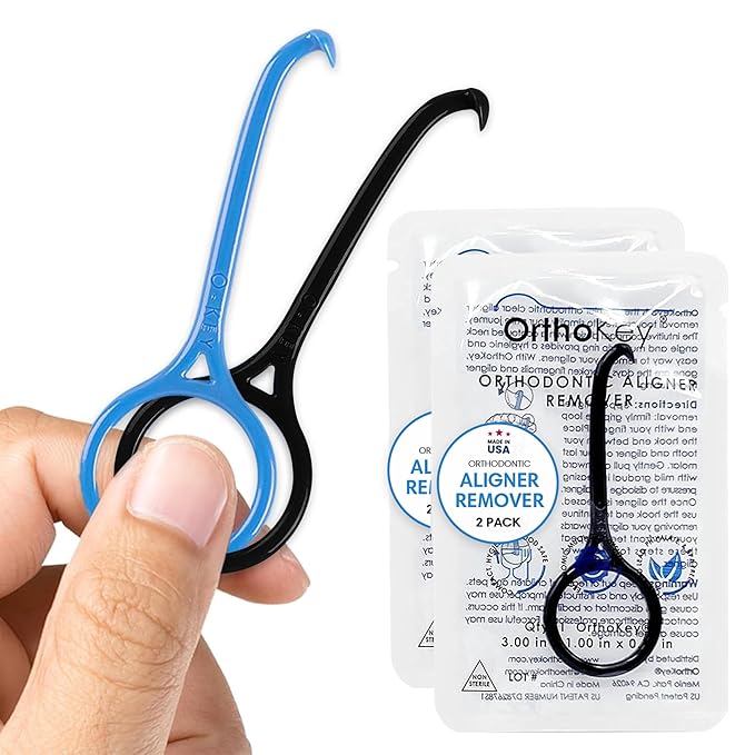 OrthoKey Retainer & Aligner Removal Tool - Dental-Grade Orthodontic Supplies for Invisible Braces, Cleaning & Travel - Bracket & Denture Remover (2-Pack) Blue & Black