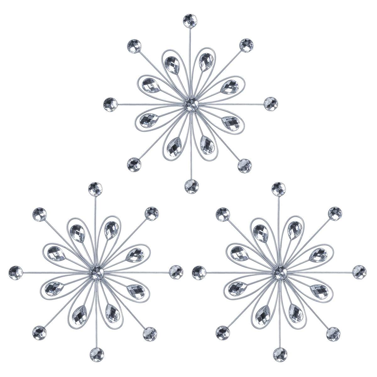 hogardeck Metal Flower Wall Decor, 3pcs 9" Silver Metal Jeweled Wall Art Bling Crystal Home Décor, Sun Burst Rhinestone Hanging Diamond Accents for for Indoor, Outdoor, Living Room, Bedroom