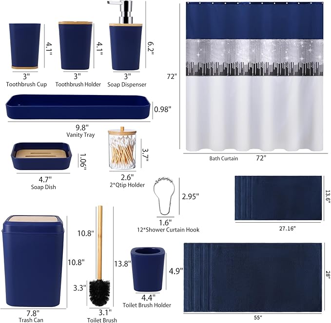 Bathroom Accessories Set with Sequin Shower Curtain, Navy Blue Bathroom Set with Trash Can,Towel Set,Shower Curtain Set