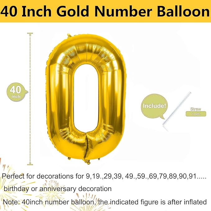 40 inch Gold Number Balloon Giant Foil Helium Balloons Gold Number 0 Balloon for Birthday Party Anniversary Decorations Supplies