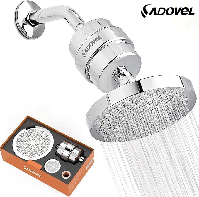 ADOVEL High Output Shower Head and Hard Water Filter, 15 Stage Shower Filter Removes Chlorine & Harmful Substances, Water Softener Showerhead for Bathroom, Rain Shower, 1 Replaceable Filter Cartridge