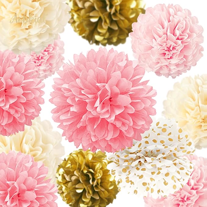 AOBKIAT Wedding Baby Shower Decorations Set,15PCS Pink Gold Tissue Paper Pom Poms,Circle Dots Colorful Paper Garland String Hanging Backdrop for Birthday Party,Gender Reveal Celebration Decor