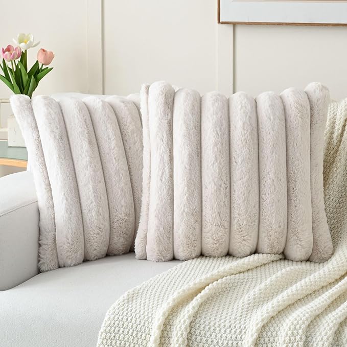 FUTEI Beige Decorative Throw Pillow Covers 22x22 Inch Set of 2, Square Soft Faux Rabbit Fur Thick Striped Cushion Cover,Winter Home Decor for Couch Bed Living Room