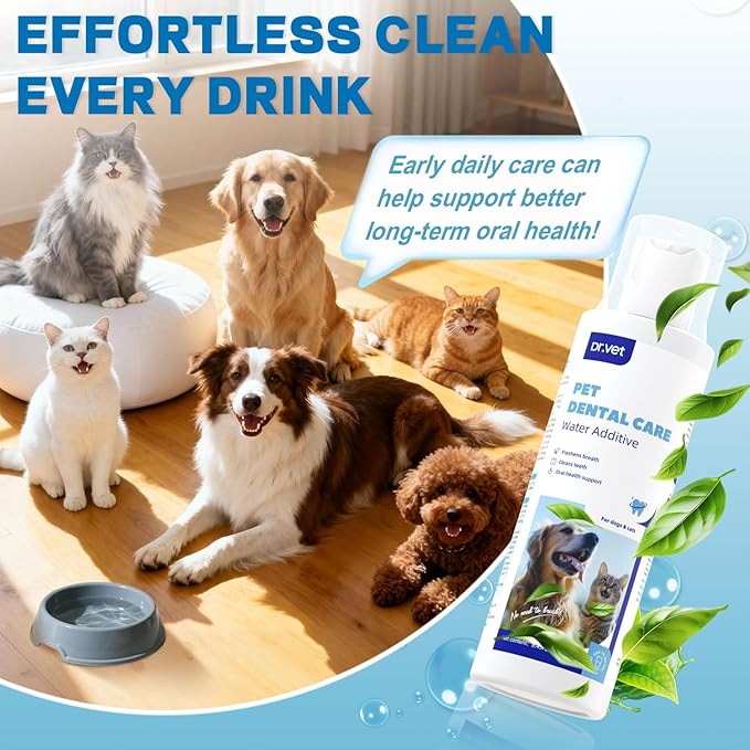 Dog Breath Freshener-Enzymatic Dog Dental Water Additive for Dental Care–Probiotics Prevent Bad Breath, Relieve Gum Redness, Reduce Plaque & Tartar, No Brushing Needed, Safe for Dogs & Cats, 8.45oz