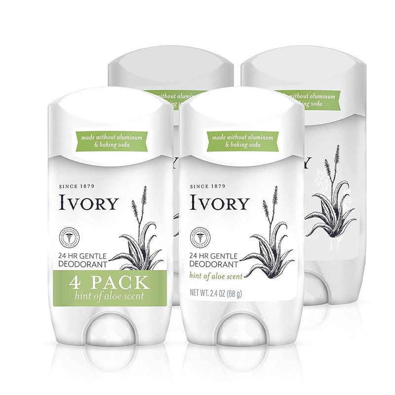 Ivory Deodorant, Hint of Aloe, Made without Aluminum and Baking Soda, 2.4 oz, Pack of 4