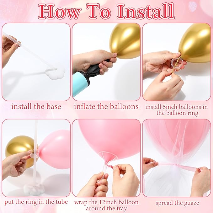 BBTO 8 Set Table Centerpieces Balloons Stand Kit, 80 Pcs Latex Balloons and Table Stand Holder with Base Tulle for Wedding Birthday Baby Shower Party (Pink, Gold)