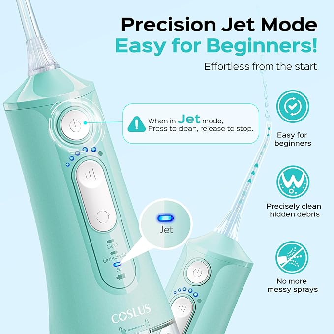 COSLUS Portable Water Flosser for Teeth: 3 Modes & 6 Pressure Settings with Jet Mode Water Dental Pick for Orthodontic, Braces, Sensitive Gums, Compact for Travel, 300ML for Multiple Users, Green C51