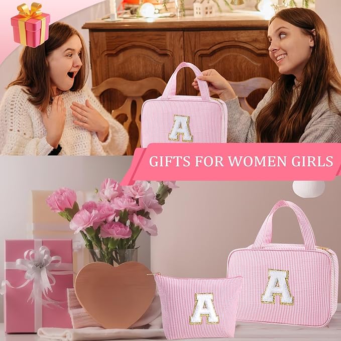 YOOLIFE Mothers Day Gifts for Mom Daughter - Initial Hanging Toiletry Bag, Birthday Gifts for 8 9 10 11 12 13 14 15 16 Year Old Girls, Travel Makeup Bag Gift for Women Girls Sister, Letter A, Pink