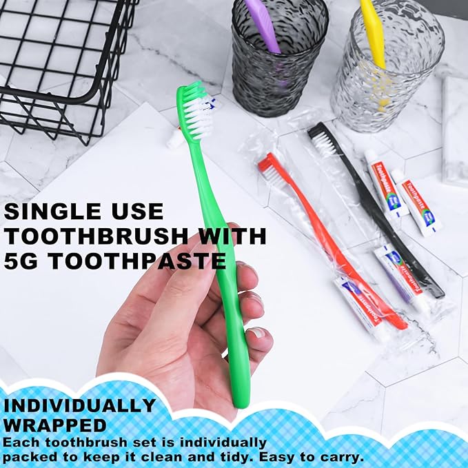 HAIFOTRVA 20pcs Disposable Toothbrushes with Toothpaste,Single Use Toothbrush with Toothpaste Individually Wrapped Disposable Travel Toothbrushes Kit Bulk for Homeless,Hotel,Guests(5 Colors)