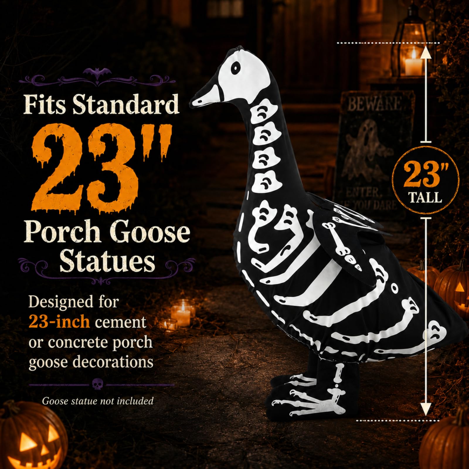 Yeyeplum Halloween Porch Goose Outfits Skeleton Costume for 23'' 17" Cement Porch Goose Statue Skeleton Clothes Accessories for Halloween Outdoor Patio Yard Lawn Decoration(23")