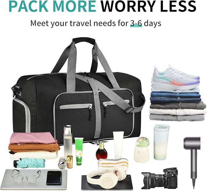 Dimayar 85L Travel Duffle Bag for Men Women - Foldable Duffel Bag with Shoes Compartment - Overnight Bags Waterproof & Tear Resistant(Black)