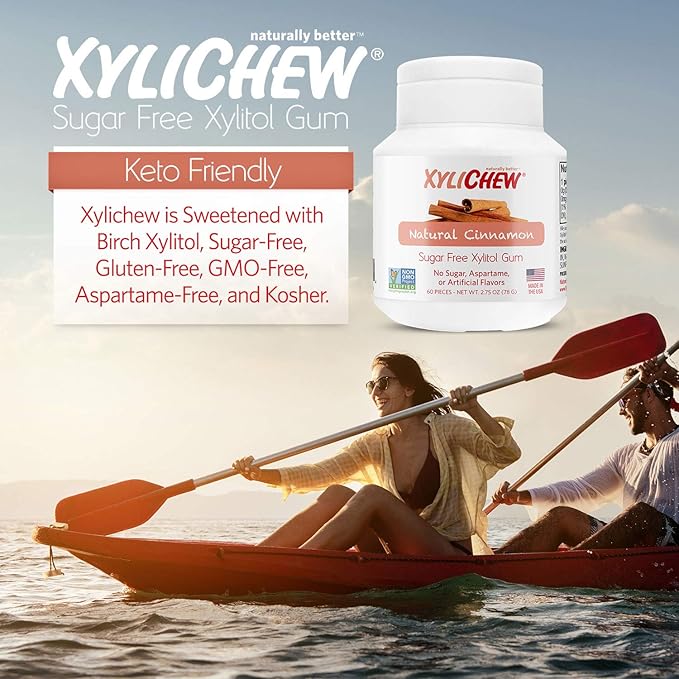 Xylichew 100% Xylitol Chewing Gum - Non GMO, Non Aspartame, Gluten Free, and Sugar Free Gum - Natural Oral Care, Relieves Bad Breath and Dry Mouth - Cinnamon, 60 Count