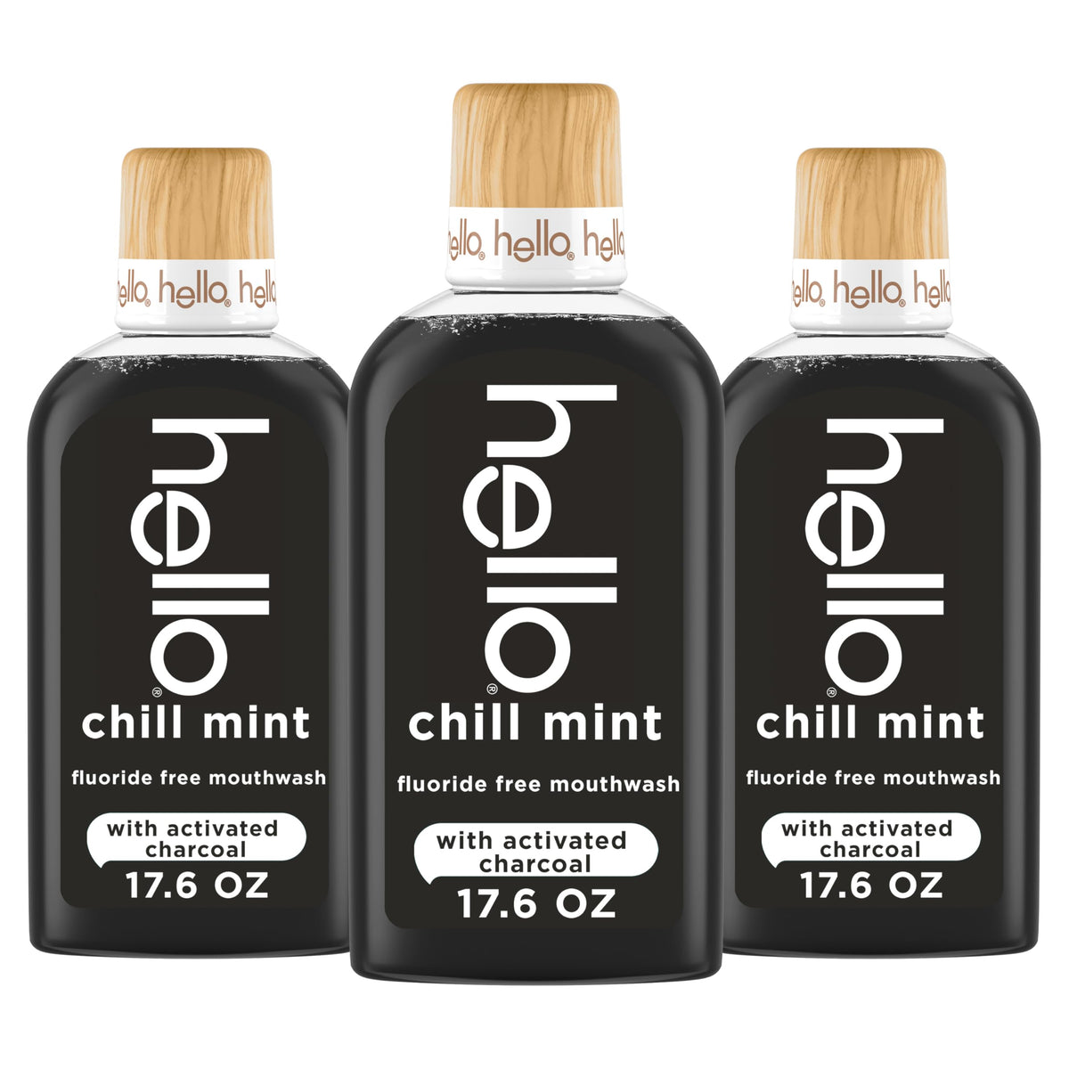 Hello Chill Mint Alcohol Free Mouthwash with Activated Charcoal, 17.6 Fl Oz, Fluoride Free Mouthwash with Farm Grown Mint and Coconut Oil, Vegan, Minty Oral Rinse (Pack of 3)