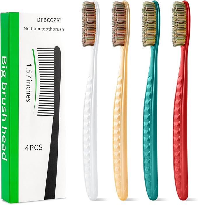 Big Head Medium Toothbrush Long Head Adult Toothbrush Cleaning Stains whitening Teeth Set of 4.
