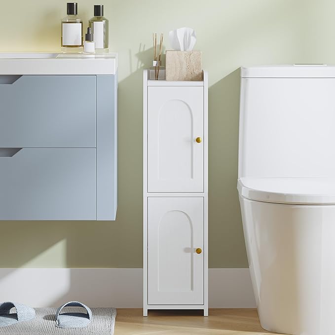 Bathroom Storage Cabinet, Corner Floor Cabinet with 2 Doors and Adjustable Shelf, Narrow Toilet Paper Cabinets, Bathroom Organizer for Small Spaces, 7.9" D x 7.9" W x 29.5" H White