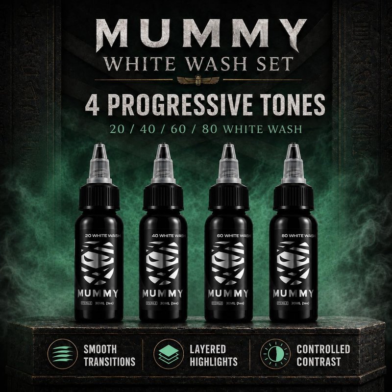 Mummy USA Custom Whitewash Tattoo Ink Set, 4 Bottles, 1oz Each