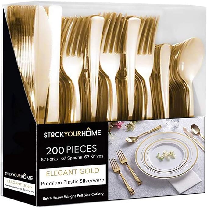 Gold Plastic Silverware Set (200-Pack) – Disposable Heavy Duty Cutlery, 67 Forks, 67 Knives, 67 Spoons for Parties, Weddings, Dinners & Holidays