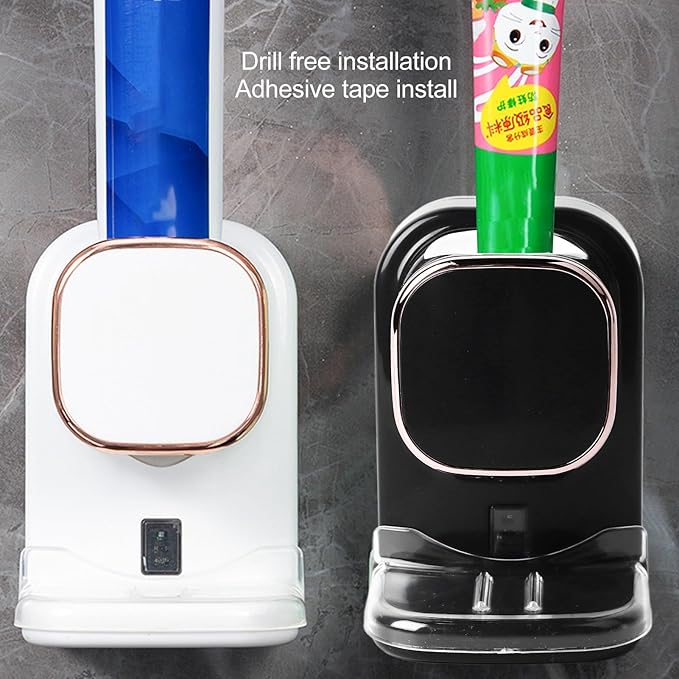 Electric Toothpaste Dispenser, Automatic Toothpaste Squeezer, Wall Mounted with 3 Toothbrush Slots and Holder, Smart Bathroom Accessories Stylish Decor (Black)