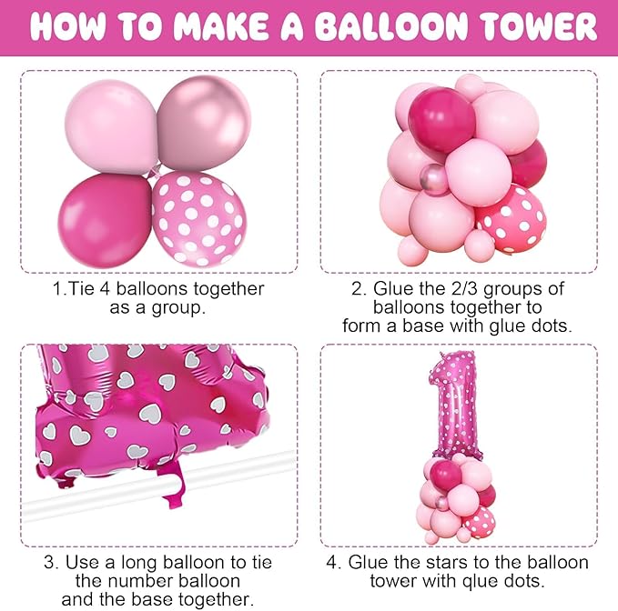 Pink 1st Birthday Balloons Decorations, Hot Pink Rose Polka Dots Balloons Arch Kit, Huge Bow Foil Ballons, Pinks Number 1 Balloon Tower for Baby Shower Girls Princess 1st Theme Party