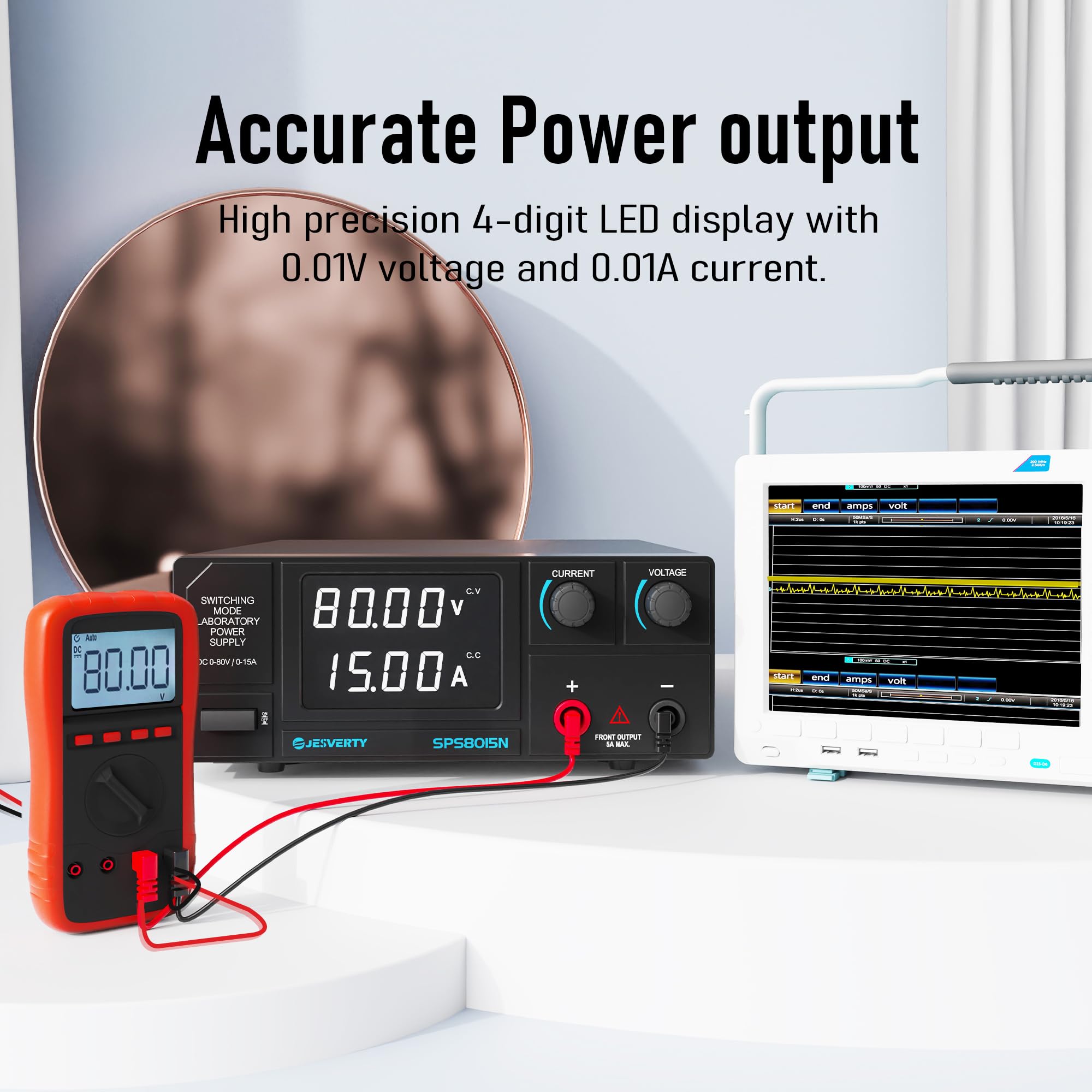 Jesverty DC Power Supply Variable, 0-80V 0-15A 1200W Switching DC Regulated Bench Power Supply with Encoder Knobs, 4-Digit LED Display, Temperature Controlled Fan, Aux Output Terminal - SPS-8015N