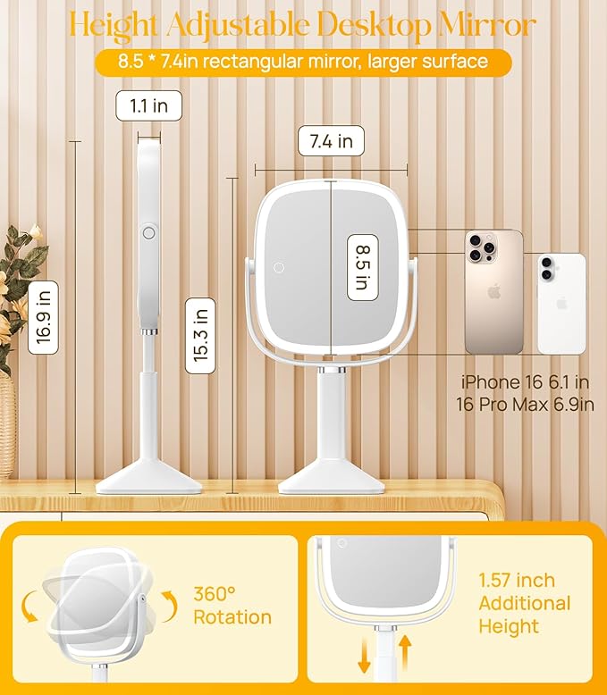 Gospire Rectangle Lighted Makeup Mirror with Magnification, 10X Magnifying Mirror with Lights 3 Color, Height Adjustable and 4000mAh Battery for Bedroom Bathroom, Large Surface for Women or Men- White