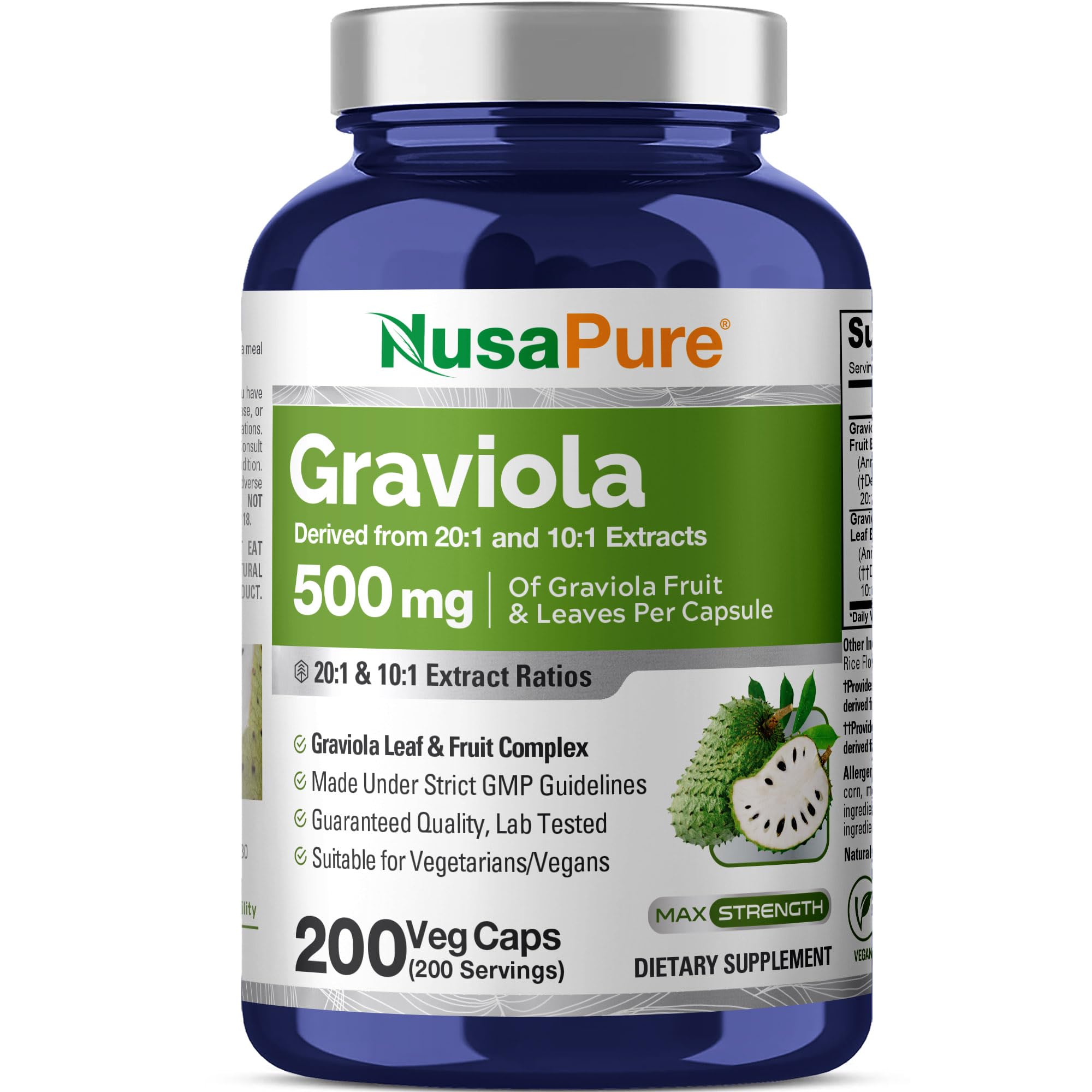 NusaPure Graviola Capsules, 500 mg, 200 Veg Capsules (Non-GMO, Vegan)