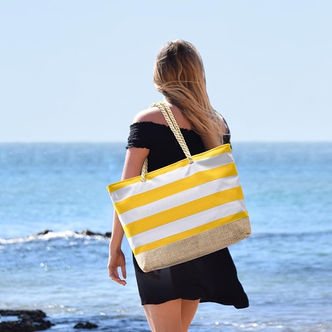 Becokan Beach Bags for Women Large Canvas Beach Tote Bag Beach Bags Waterproof Sandproof Swim Pool Bag Travel Essentials