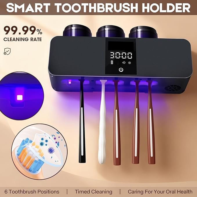 3 in 1 Toothbrush Cleaner Holders for Bathrooms,Wall Mounted Toothbrush Holders with Drying and Cleaning,Smart LED Screen,6 Toothbrush Slots,3 Cups and Toothpaste Dispenser (Deep Grey)