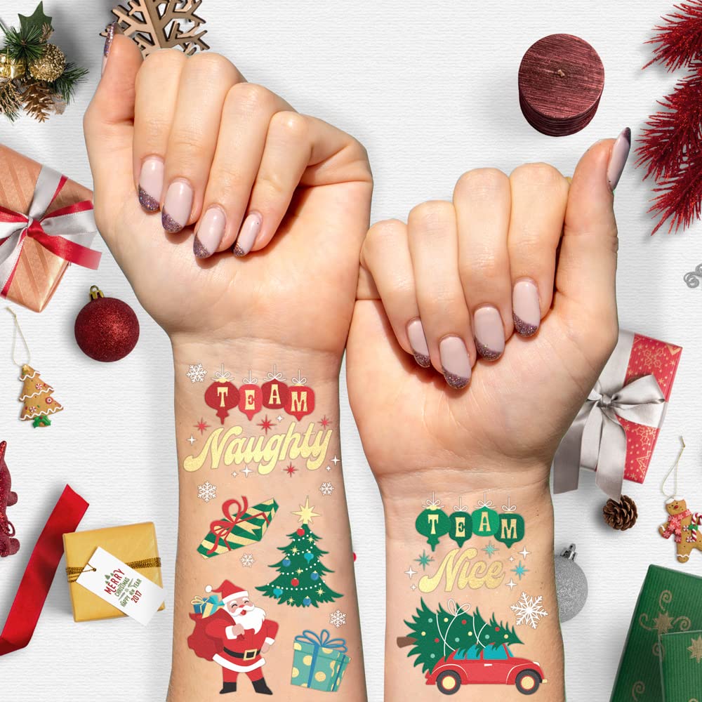xo, Fetti Christmas Decorations Temporary Tattoos for Kids - 46 Glitter Styles | Team Naughty Nice, Merry Christmas Party Favors, Stocking Stuffer, Xmas Eve Gift