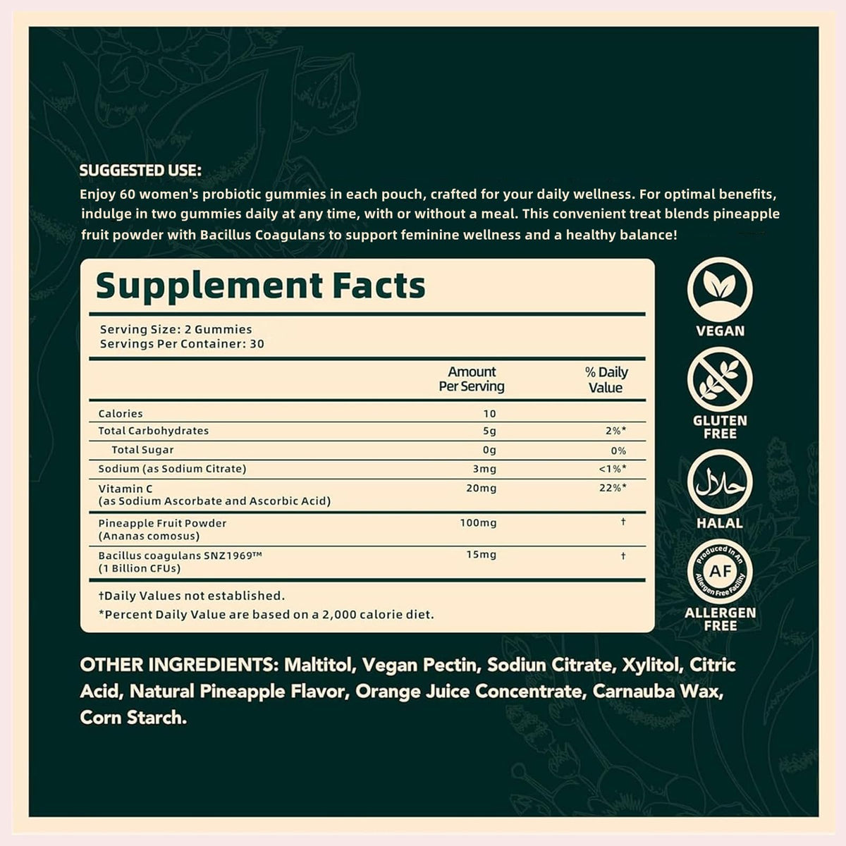 Women's Probiotic Gummies – Feminine pH Balance Probiotics Gummies & Vaginal Flora Support – Digestive Health – Vegan, Gluten-Free – Hawaiian Pineapple Gummy – 60 Count (30 Servings)（P1）