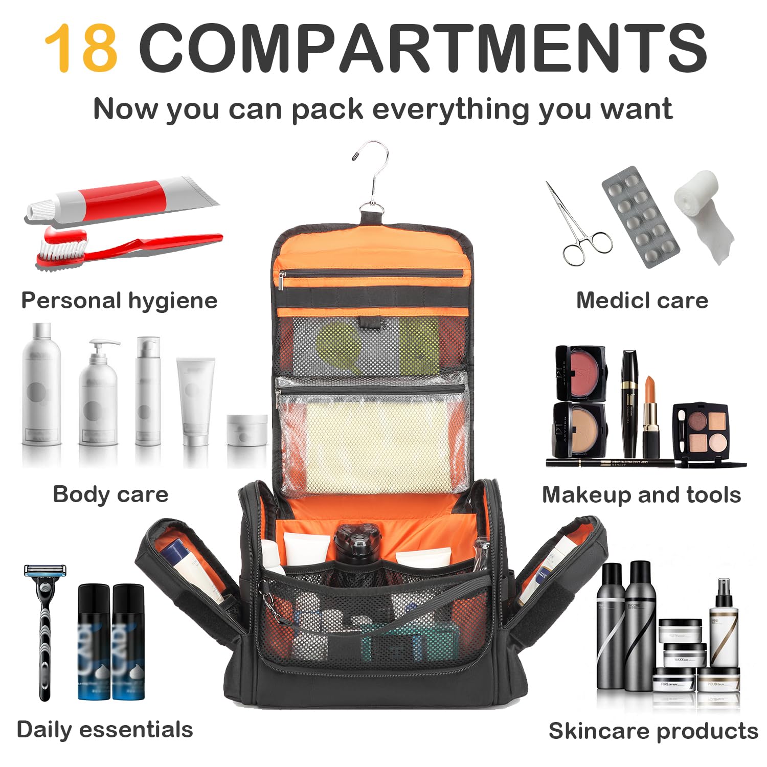 BISKLNDN Tactical Toiletry Bag for Men, Hanging Dropp Kit Mens Toiletry Travel Bag for Toiletries, Traveling & Shaving Kit, Hygiene Bag Shower Bathroom Organizer with Handle & Swivel Hook, Black