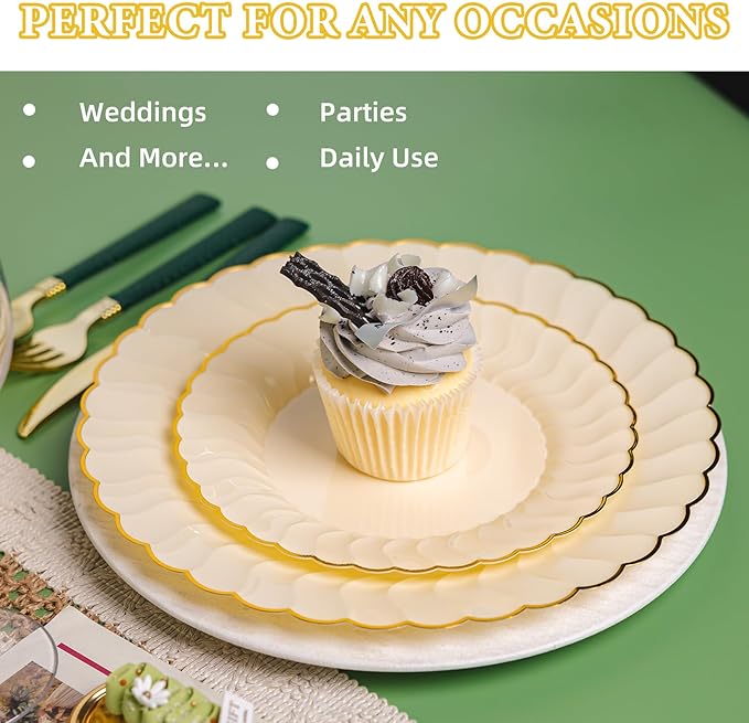 Lullaby 60PCS Light Yellow Scalloped Plastic Plates, Disposable Elegant Plates Include 30pcs Dinner Plate 10.25", 30pcs Plastic Dessert Plate 7.5", Perfect for Wedding and Party