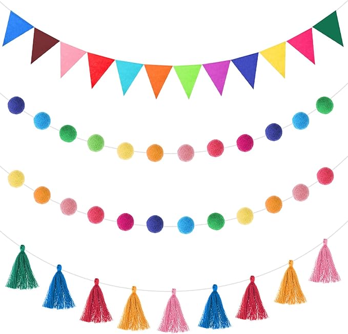 Irenare 9.8ft Pom Pom Garland Felt Rainbow Garland Graduation Party Decoration Colorful Pennant Tassel Banner Birthday Baby Shower Triangle Banner for Classroom School Mantel Fireplace(Multicolor)