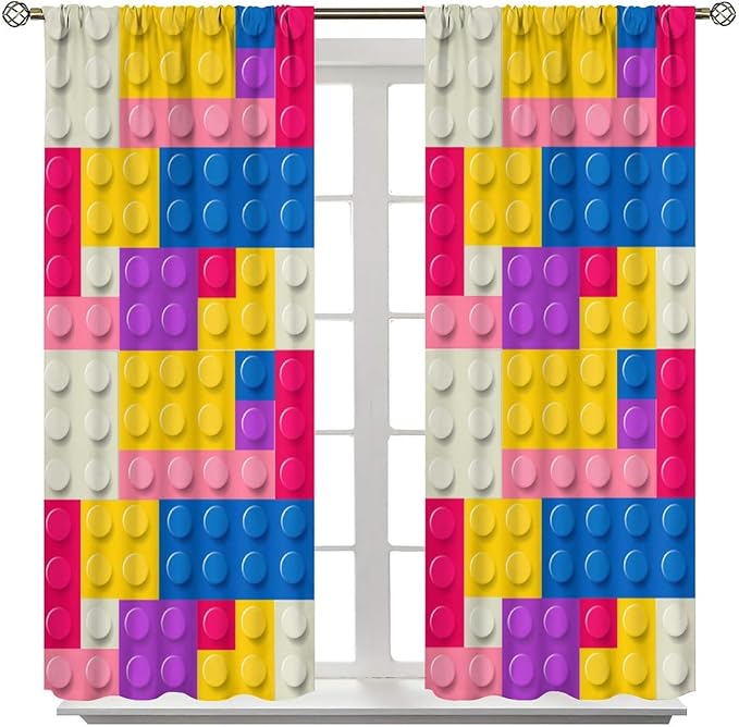 Kids Building Blocks Toy Curtains Children's Room Abstract Outline Colorful Plastic Toys Geometric Bricks Print Curtains for Boys Girls Nursery Curtains 52x84 Inches 2 Panels