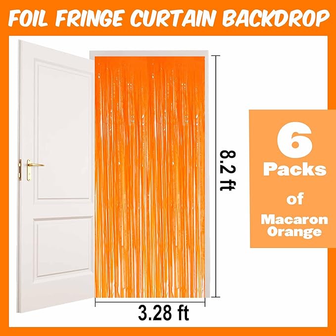 6 Pack Macaron Orange Foil Fringe Curtains Backdrop, 3.28 x 8.2 Ft Metallic Streamers Tinsel Curtains Background for Photo Booth, Birthday, Christmas, Halloween, New Year Party Decorations