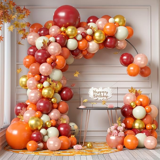 FunHot Thanksgiving Balloon Arch Kit, Fall Balloon Garland Kit with Orange Burgundy Yellow Pearl Rose Gold Metallic Gold Balloons for Baby Shower Wedding Anniversary Fall Thanksgiving Party Decoration