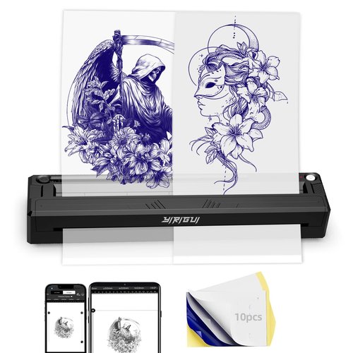 YIRIGUI New Tattoo Stencil Printer - Fits A4-A8 Width Thermal Paper, Portable Wireless Bluetooth Thermal Tattoo Kit, Includes 10 Transfer Papers, for Artists & Beginners, Phones/Tablets/PC - Black