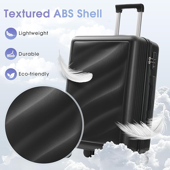 Hardside Luggage Sets, Lightweight Wave Suitcase with Spinner Wheels, Black Wavy Lines