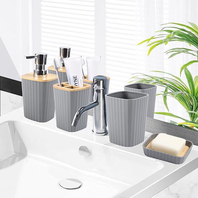 Bathroom Set - Grey Bathroom Accessories Set with Shower Curtain, Bath Towels, Soap Dispenser, Toilet Brush, Trash Can, Grey Bathroom Accessories Sets Complete for Housewarming