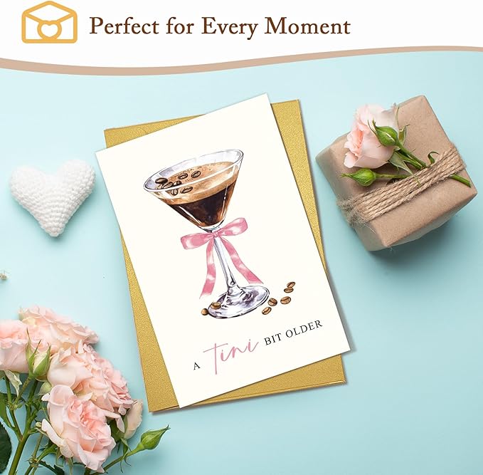 Espresso Martini Birthday Card for Friends, Classic Coffee & Cocktail Birthday Card for Women Girl, A Tini Bit Older Pun Bday Cards for Sister Mom Aunt Grandma Daughter Niece