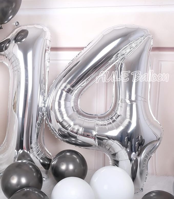 AULE 40 Inch Large 14 Balloon Numbers Silver, Big Foil Number Balloons, Giant Helium Happy 14th Birthday Party Decorations for Boy and Girl, Huge Mylar Anniversary Party Supplies