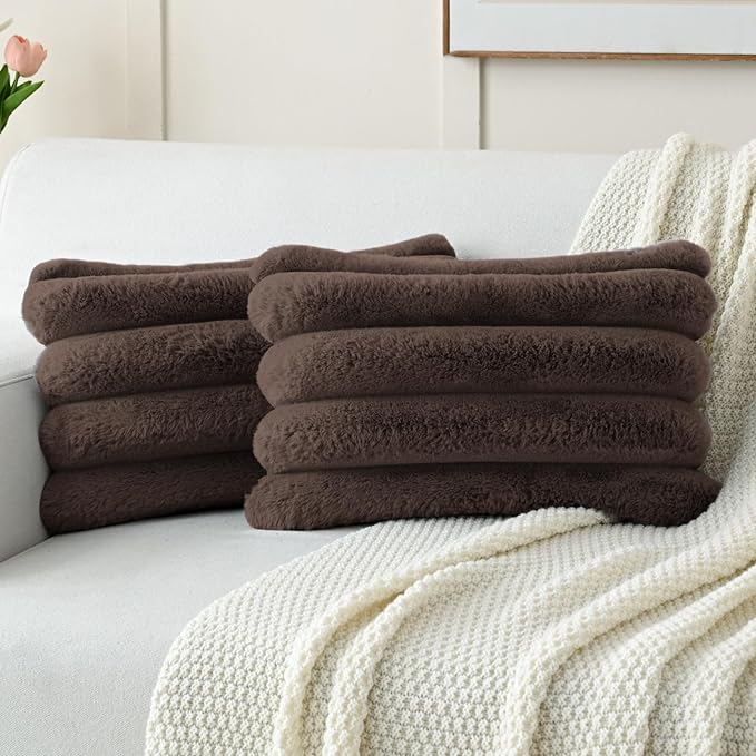 FUTEI Dark Coffee Decorative Throw Pillow Covers 12x20 Inch Set of 2, Square Soft Faux Rabbit Fur Big Striped Cushion Cover,Home Decor for Couch Sofa Bed Living Room