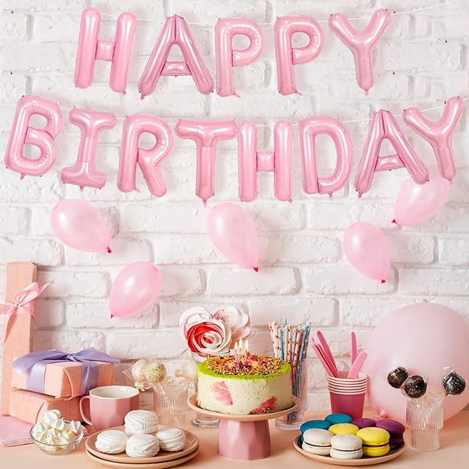 Happy Birthday Balloons Banner Pink,16Inch Polyester Film Light Pink Foil Letter Balloons,Pastel Pink Happy Birthday Sign Banner Bunting for Girls Boys Women Men Birthday Party Decorations