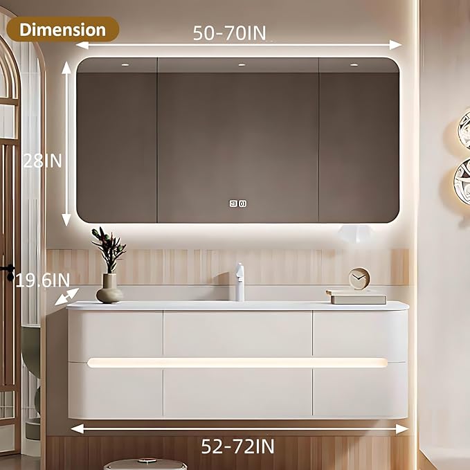 72IN Bathroom Vanity - Bathroom Vanity with Sink with Intelligent Induction Light | Wall-Mounted Bathroom Vanity with Intelligent LED Mirror Cabinet & 6 Drawers, Cream Color