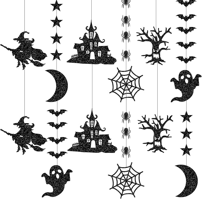 Halloween Black Creepy Vintage Party Decorations - 12Pcs Hanging Streamers Garland,Bat Witch Spider Swirl Ceiling Outdoor Indoor Wall Decor Party Props,Porch Room Scary Supplies Hugtmr