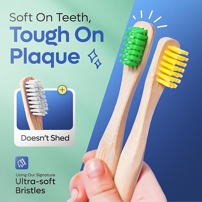 SmartLifeco Kids Bamboo Toothbrushes (6 Pack) - Extra Soft Bristles for Toddlers Teeth | Zero Waste Tooth Brushes for Children | Natural Wooden Child Size Handle | BPA Free, Eco-Friendly